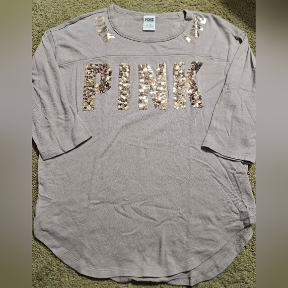 PINK VS Bling Sequin Spellout Vintage Quarter Sleeve Top - Picture 1 of 6